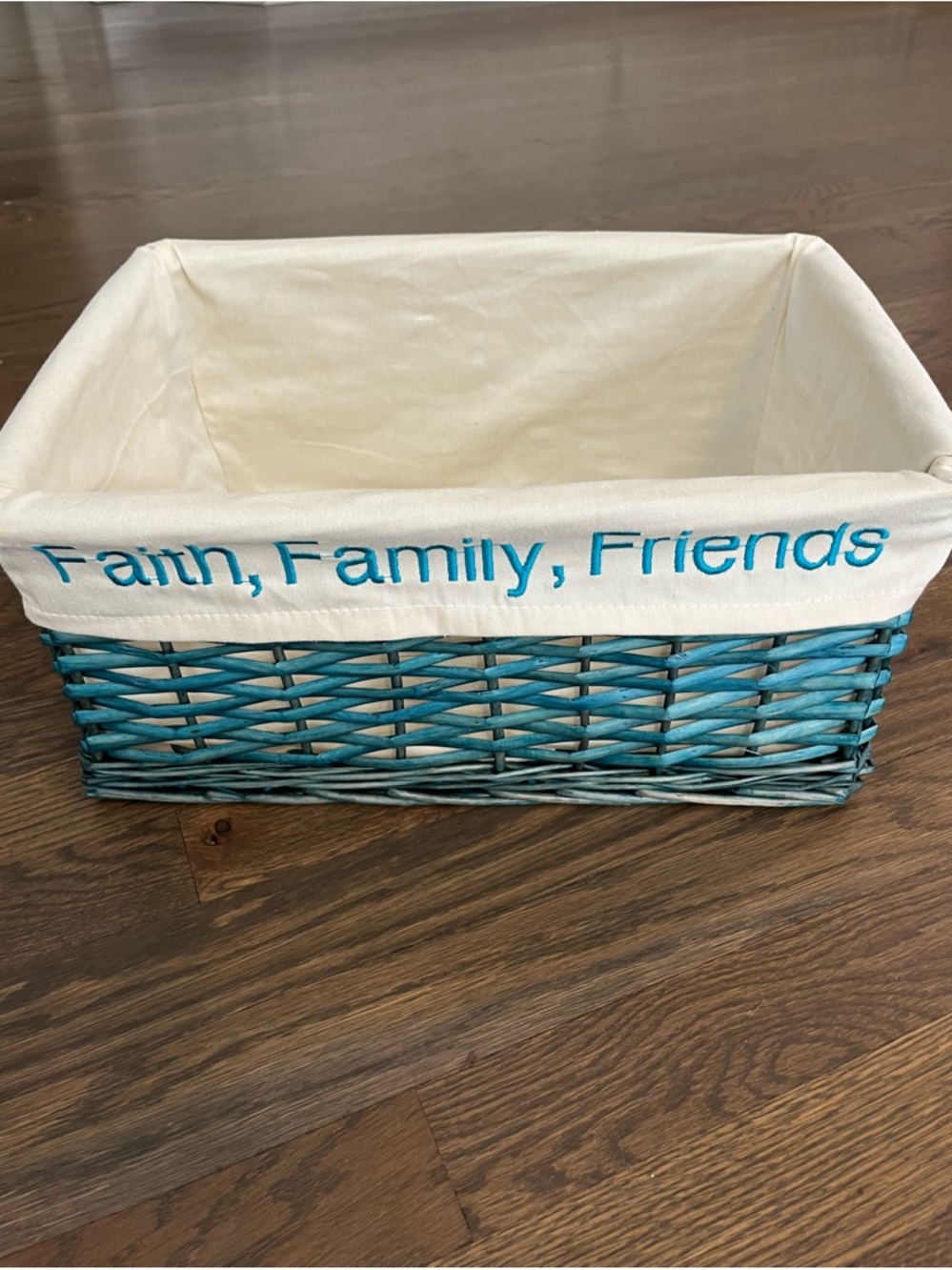 Wicker Basket with Fabric Liner - “Faith, Family, Friends”